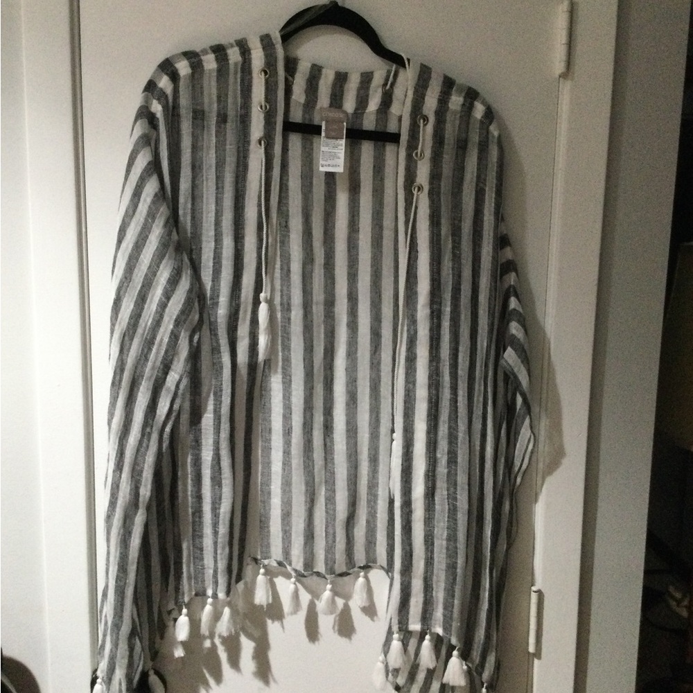Chico's Striped Hooded Poncho - Gray & White